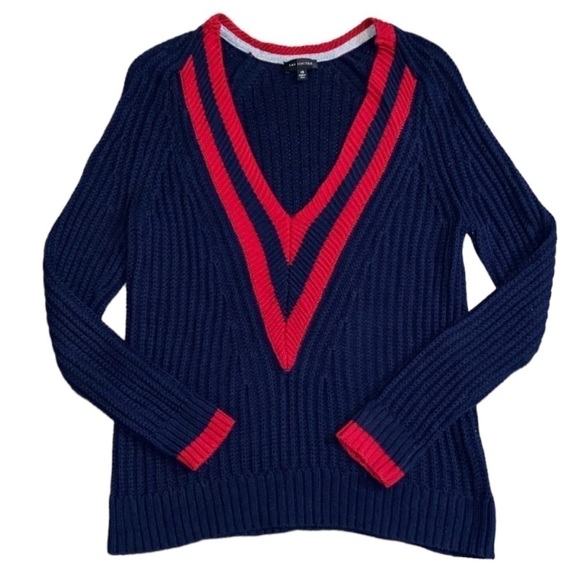 The Limited Sweaters - LIMITED Y2K Retro Vintage Oversized Navy & Red Cable Knit Tennis V-Neck Sweater